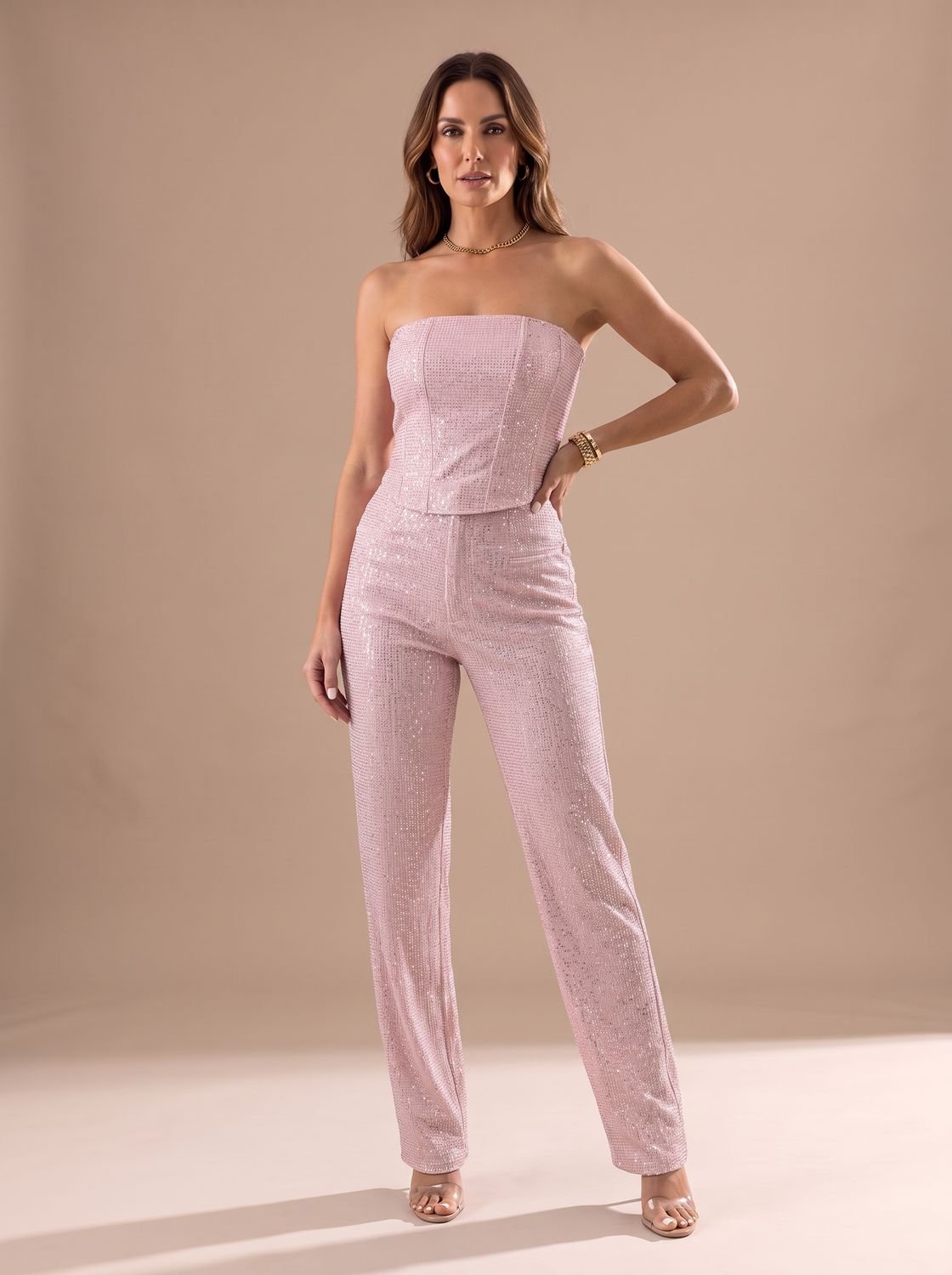 Women's Strapless Glitter Denim Sculpted Jumpsuit