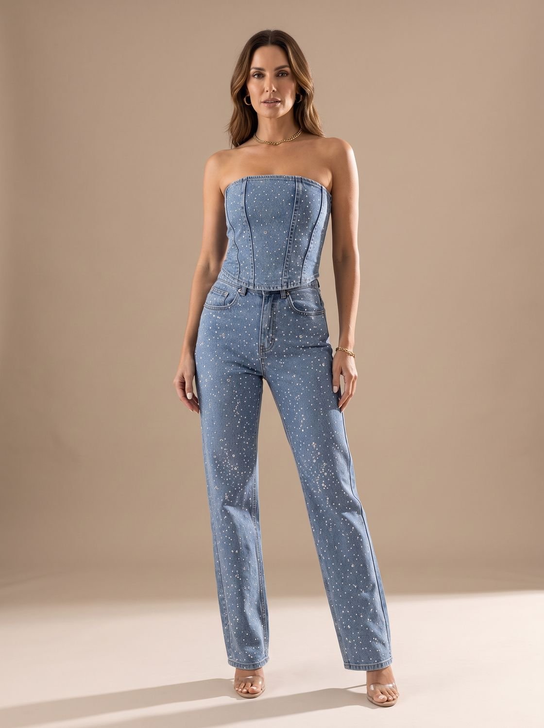 Women's Strapless Glitter Denim Sculpted Jumpsuit