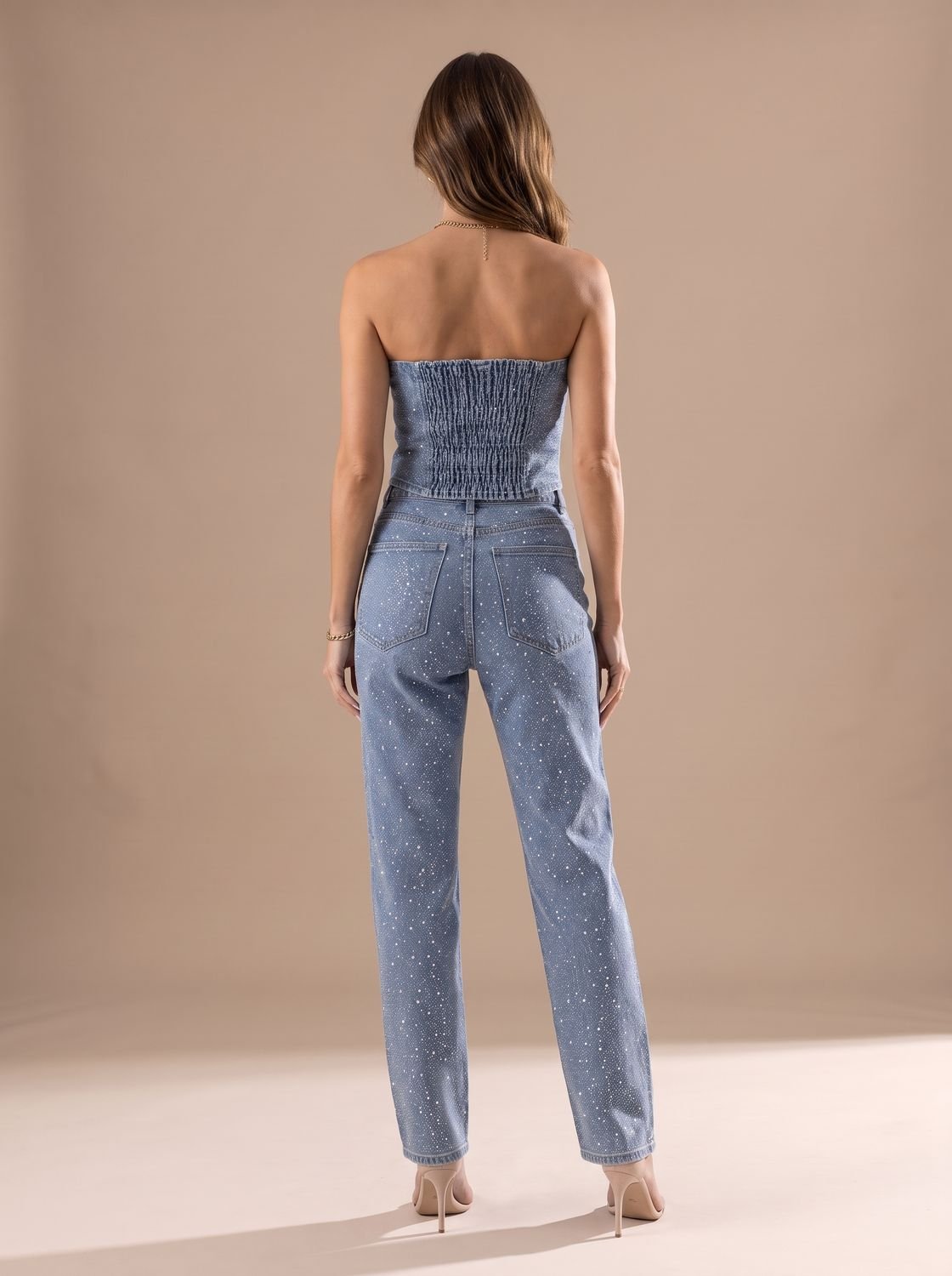 Women's Strapless Glitter Denim Sculpted Jumpsuit