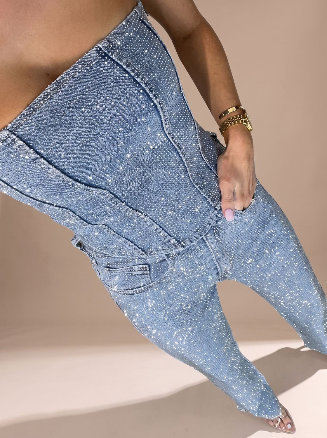 Women's Strapless Glitter Denim Sculpted Jumpsuit