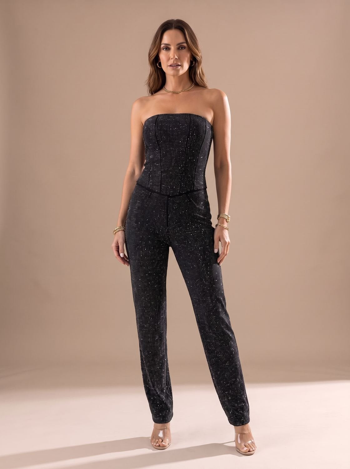 Women's Strapless Glitter Denim Sculpted Jumpsuit
