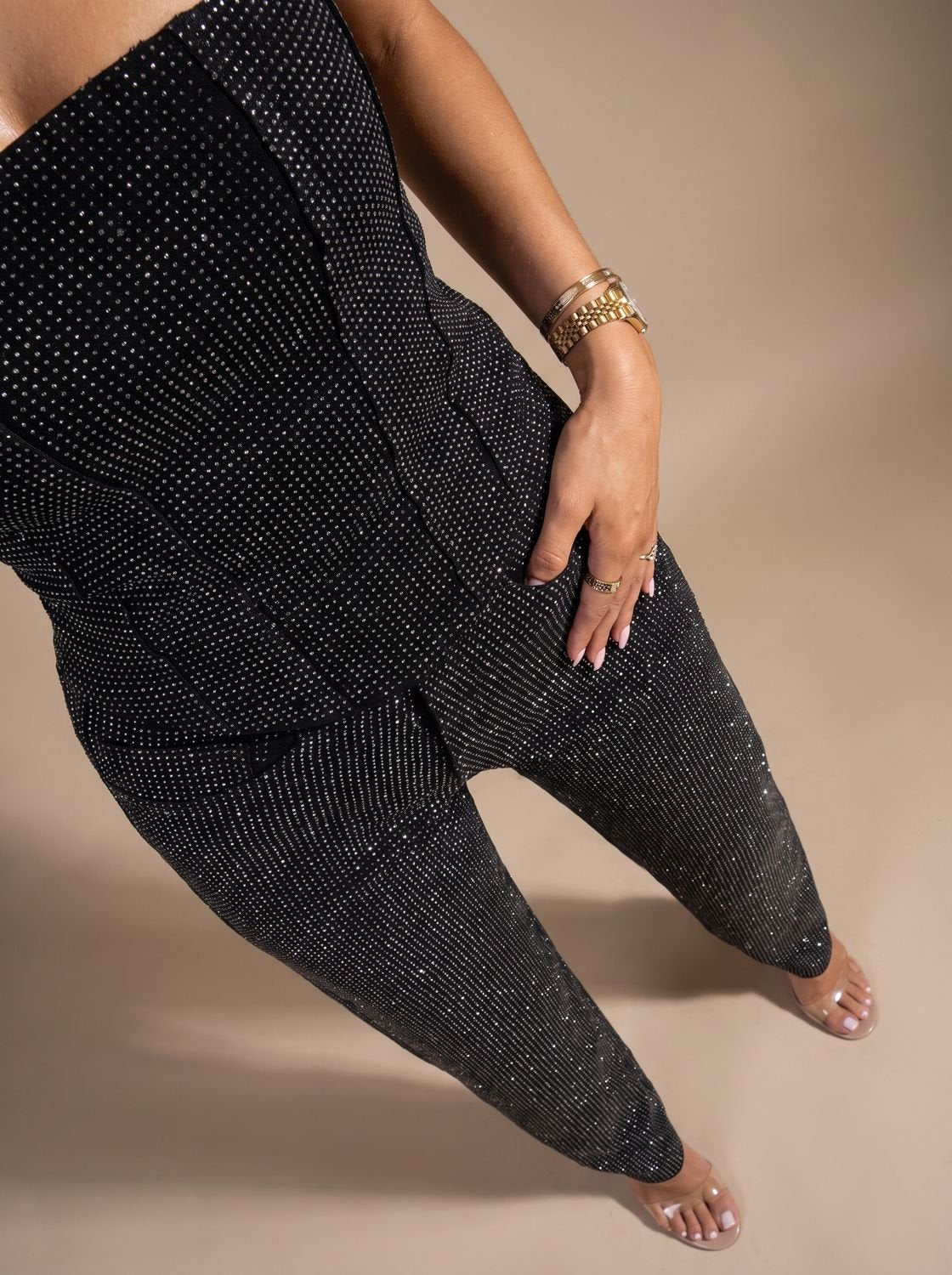 Women's Strapless Glitter Denim Sculpted Jumpsuit