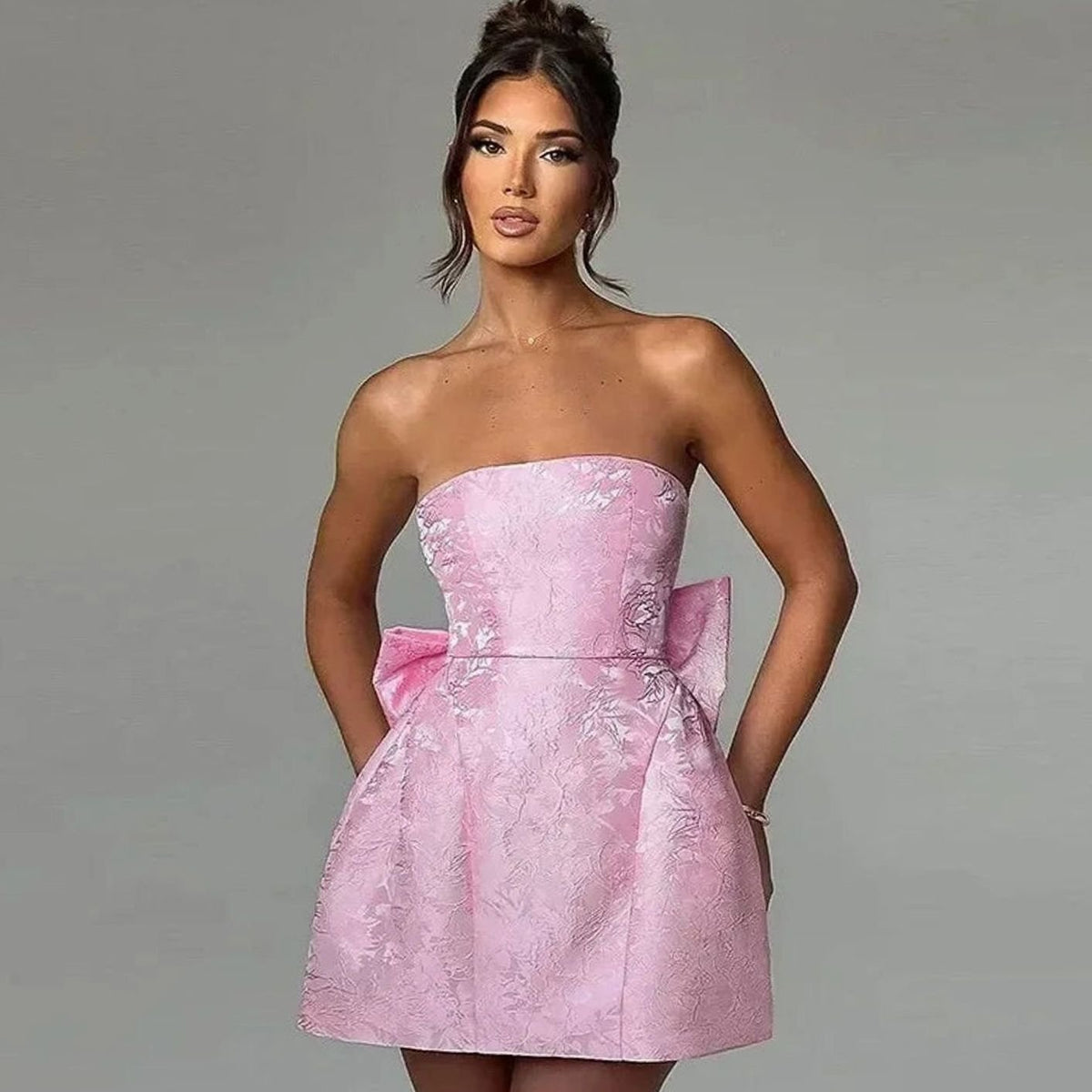 Women's Strapless Jacquard Mini Wedding Guest Dress Bow Detail - Pink