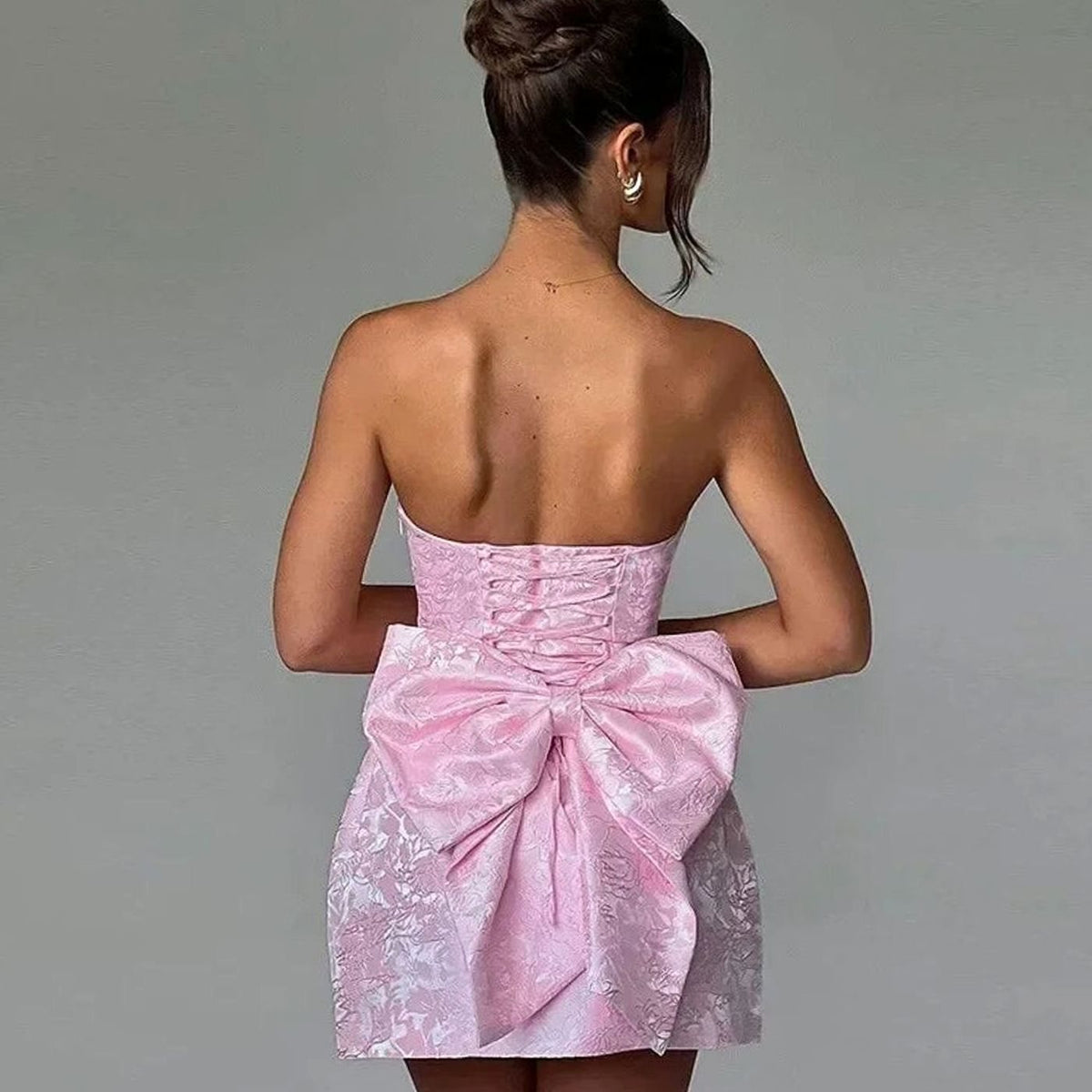 Women's Strapless Jacquard Mini Wedding Guest Dress Bow Detail