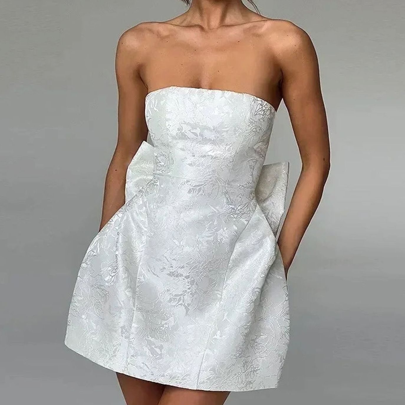 Women's Strapless Jacquard Mini Wedding Guest Dress Bow Detail