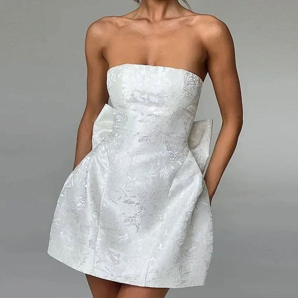 Women's Strapless Jacquard Mini Wedding Guest Dress Bow Detail