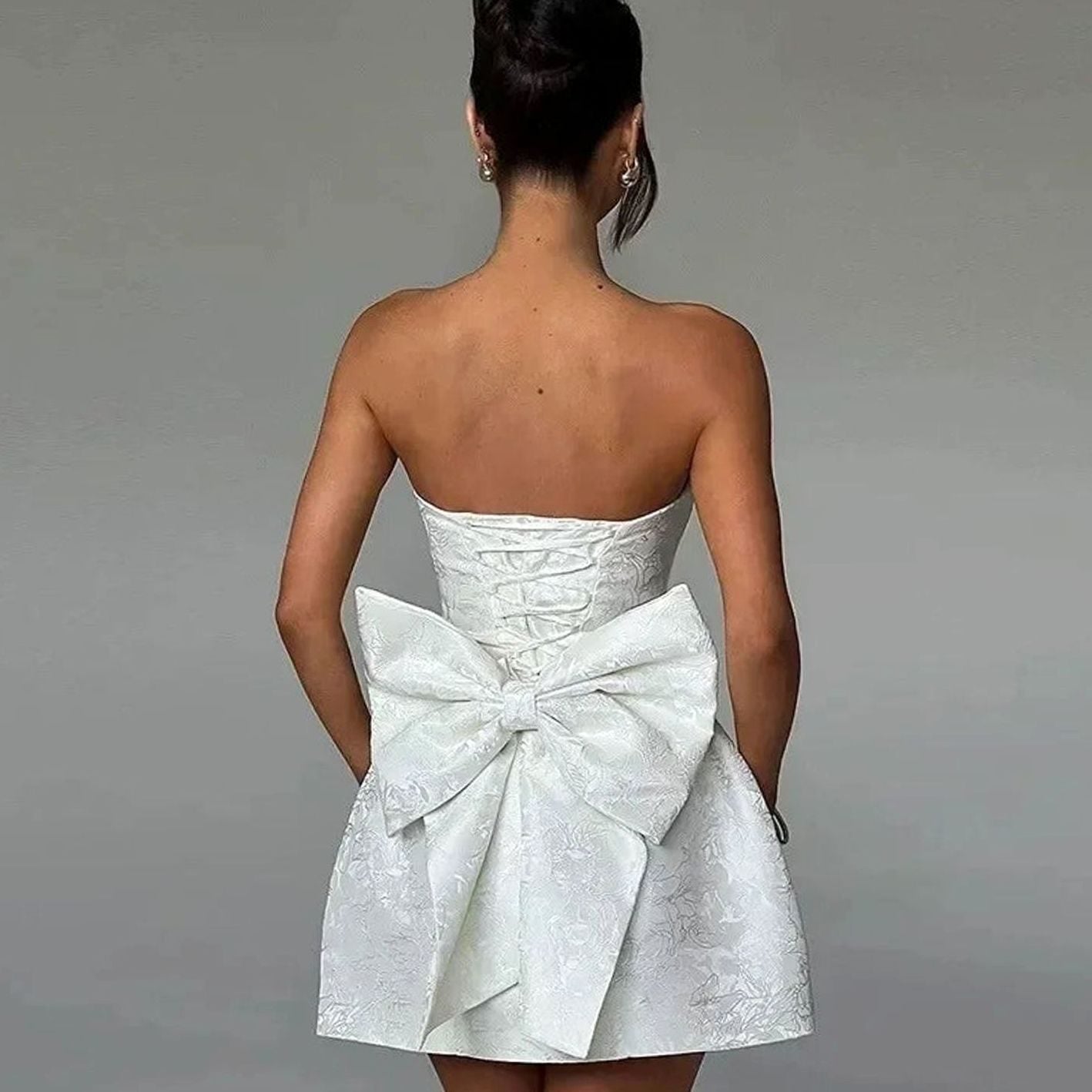 Women's Strapless Jacquard Mini Wedding Guest Dress Bow Detail - White