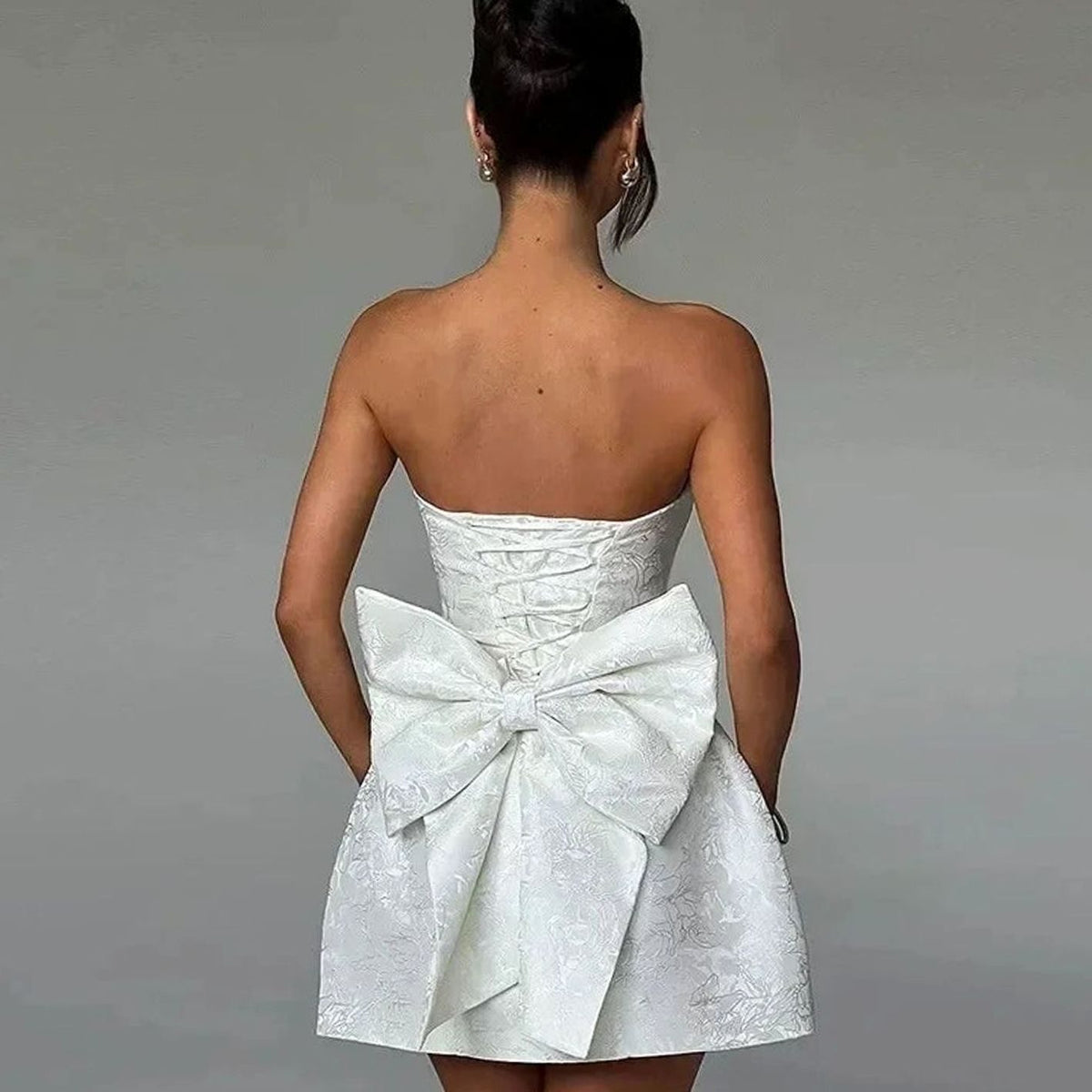 Women's Strapless Jacquard Mini Wedding Guest Dress Bow Detail - White