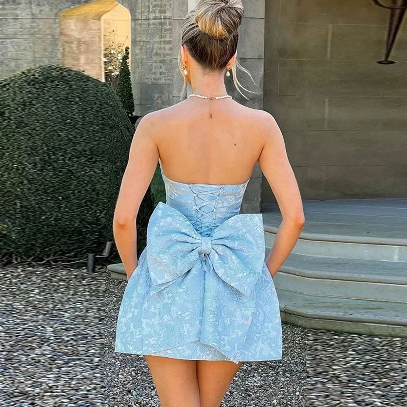 Women's Strapless Jacquard Mini Wedding Guest Dress Bow Detail - Sky Blue