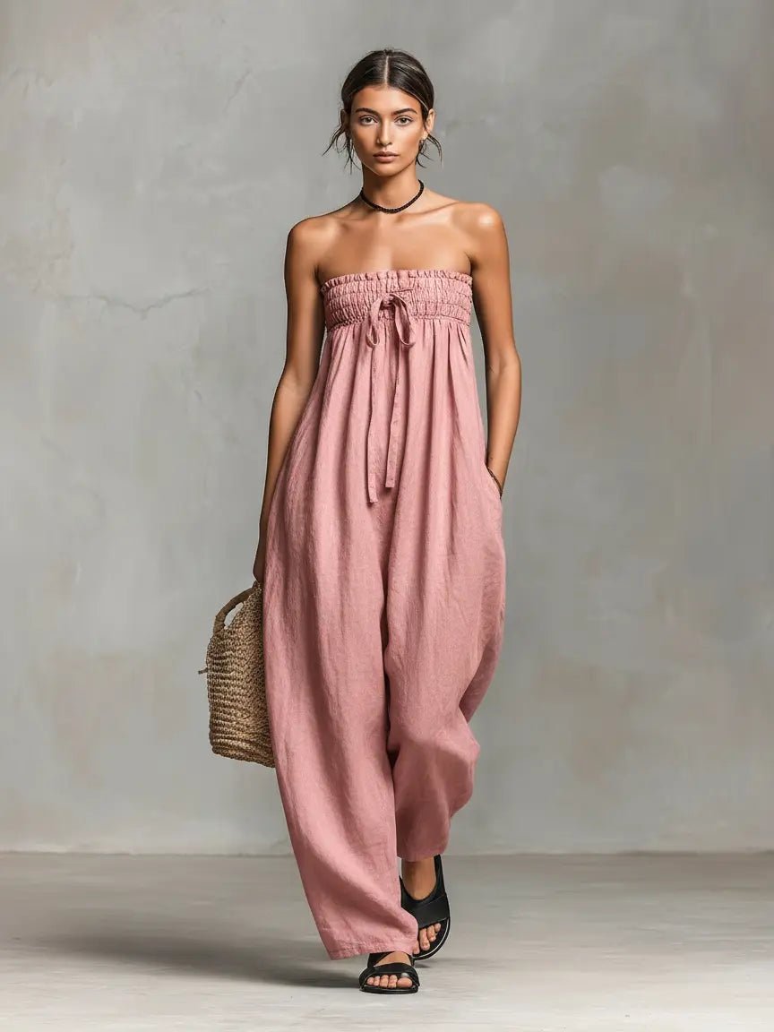 Women's Strapless Linen-Blend Wide-Leg Jumpsuit - Light Pink