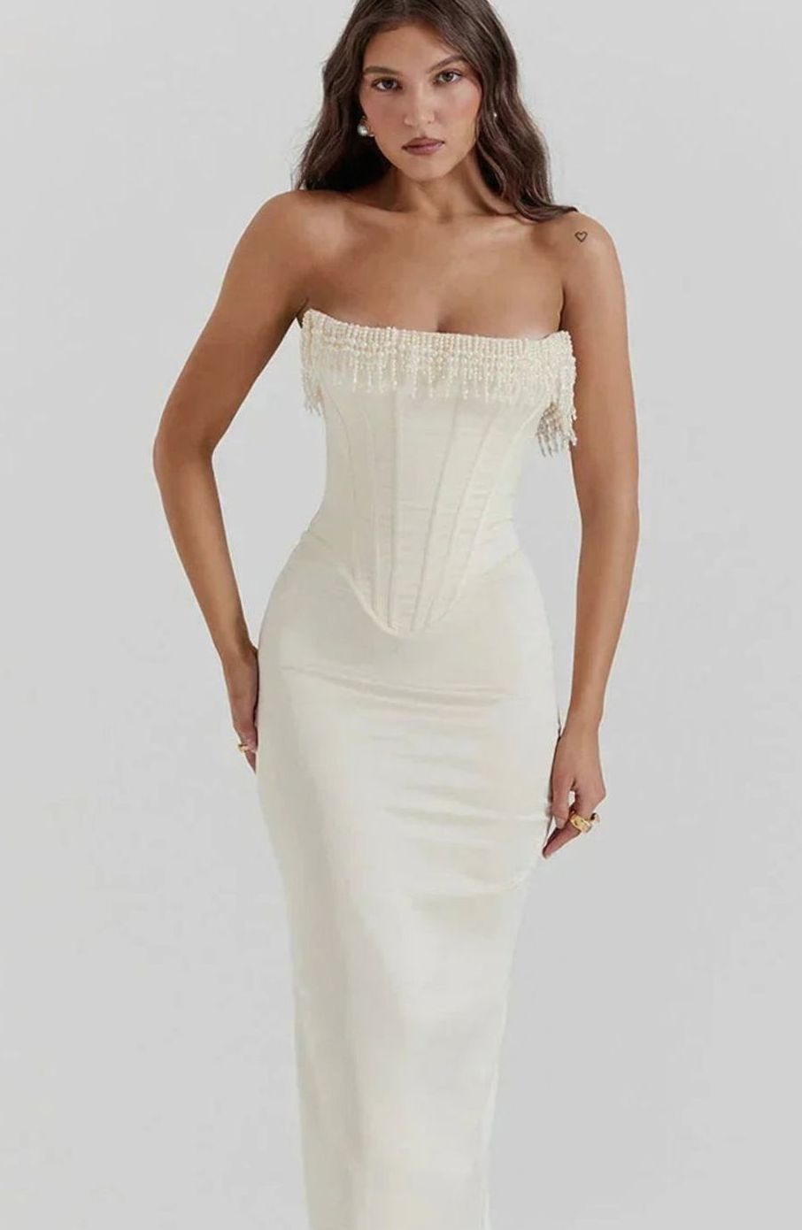 Women's Strapless Pearl-Trim Corset Midi Dress Ivory - Ivory