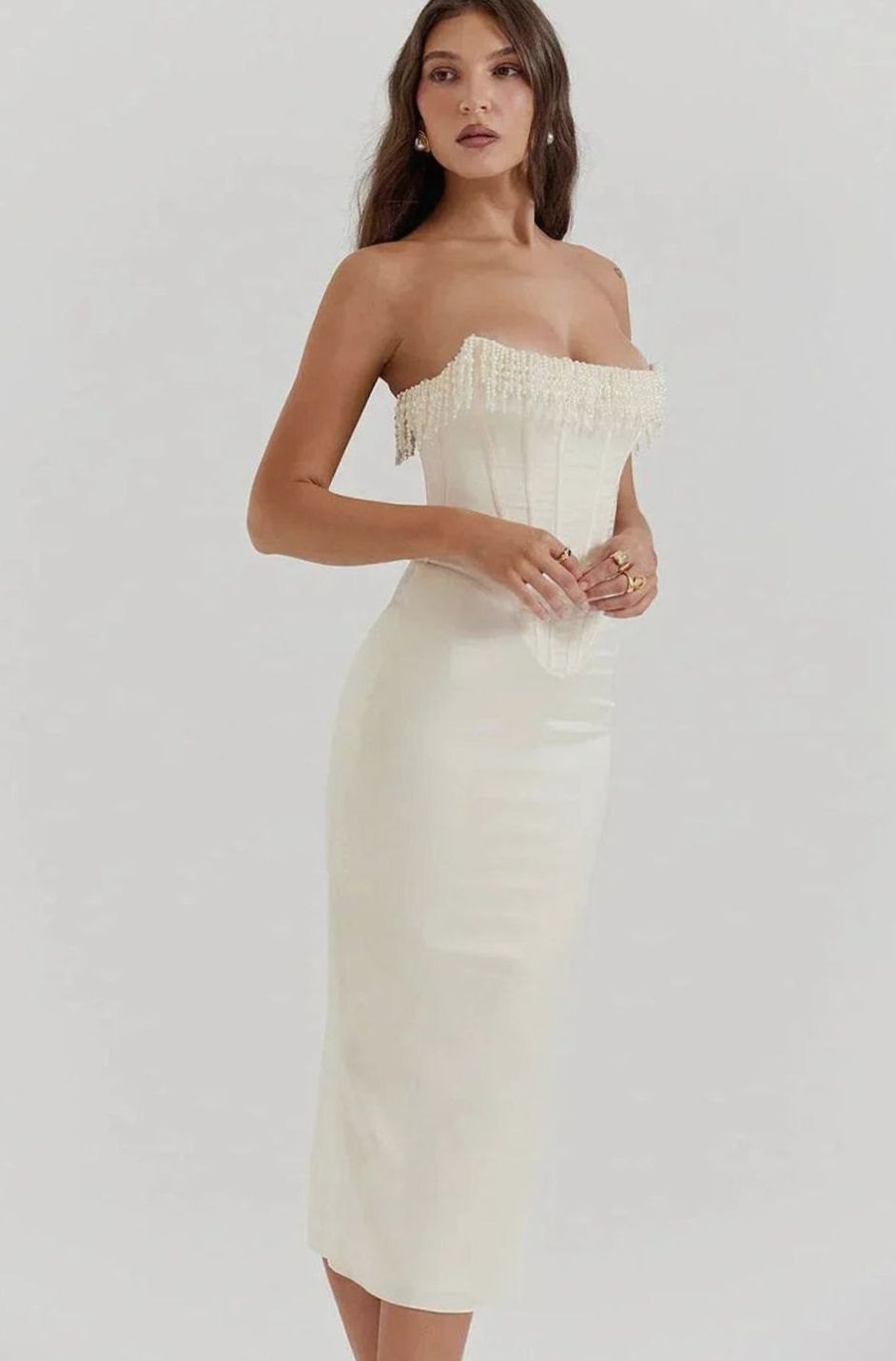 Women's Strapless Pearl-Trim Corset Midi Dress Ivory