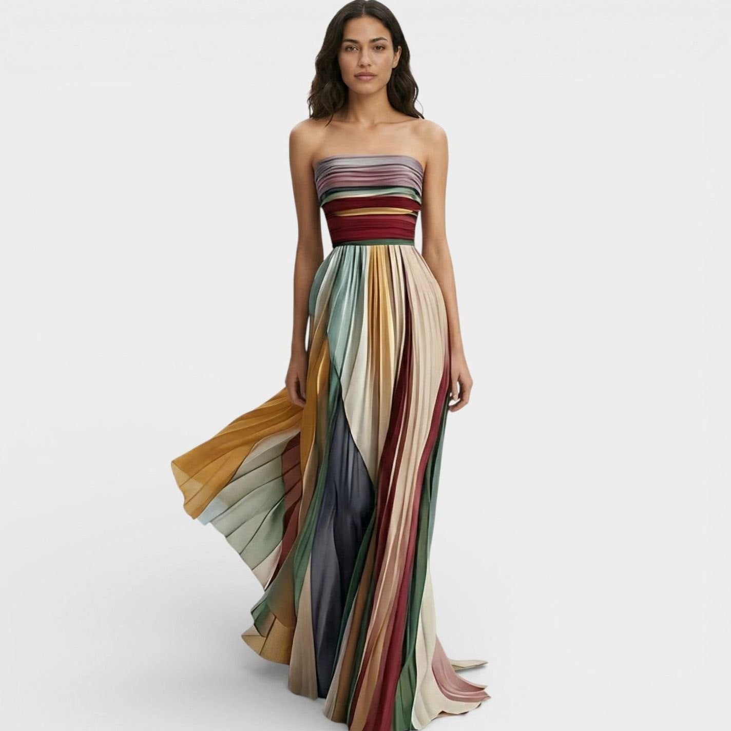 Women's Strapless Pleated Multicolour Maxi Dress Ruched Bodice - Multicolour
