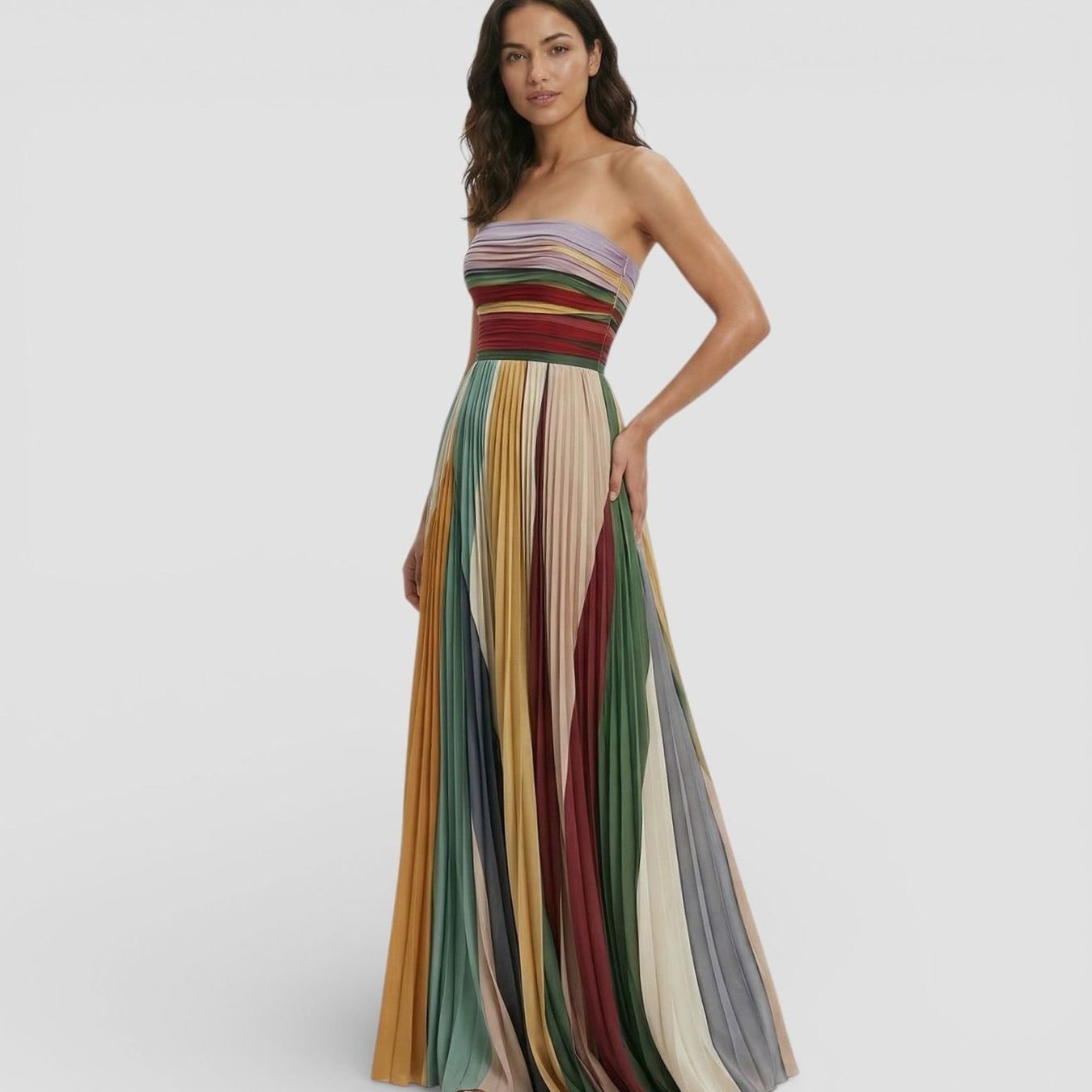 Women's Strapless Pleated Multicolour Maxi Dress Ruched Bodice
