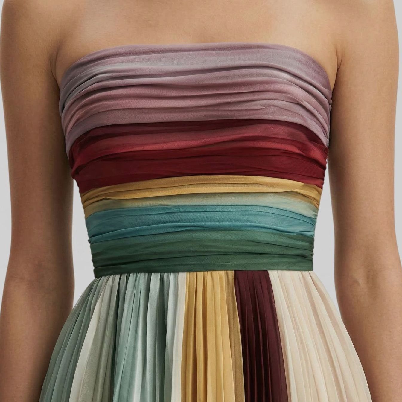 Women's Strapless Pleated Multicolour Maxi Dress Ruched Bodice