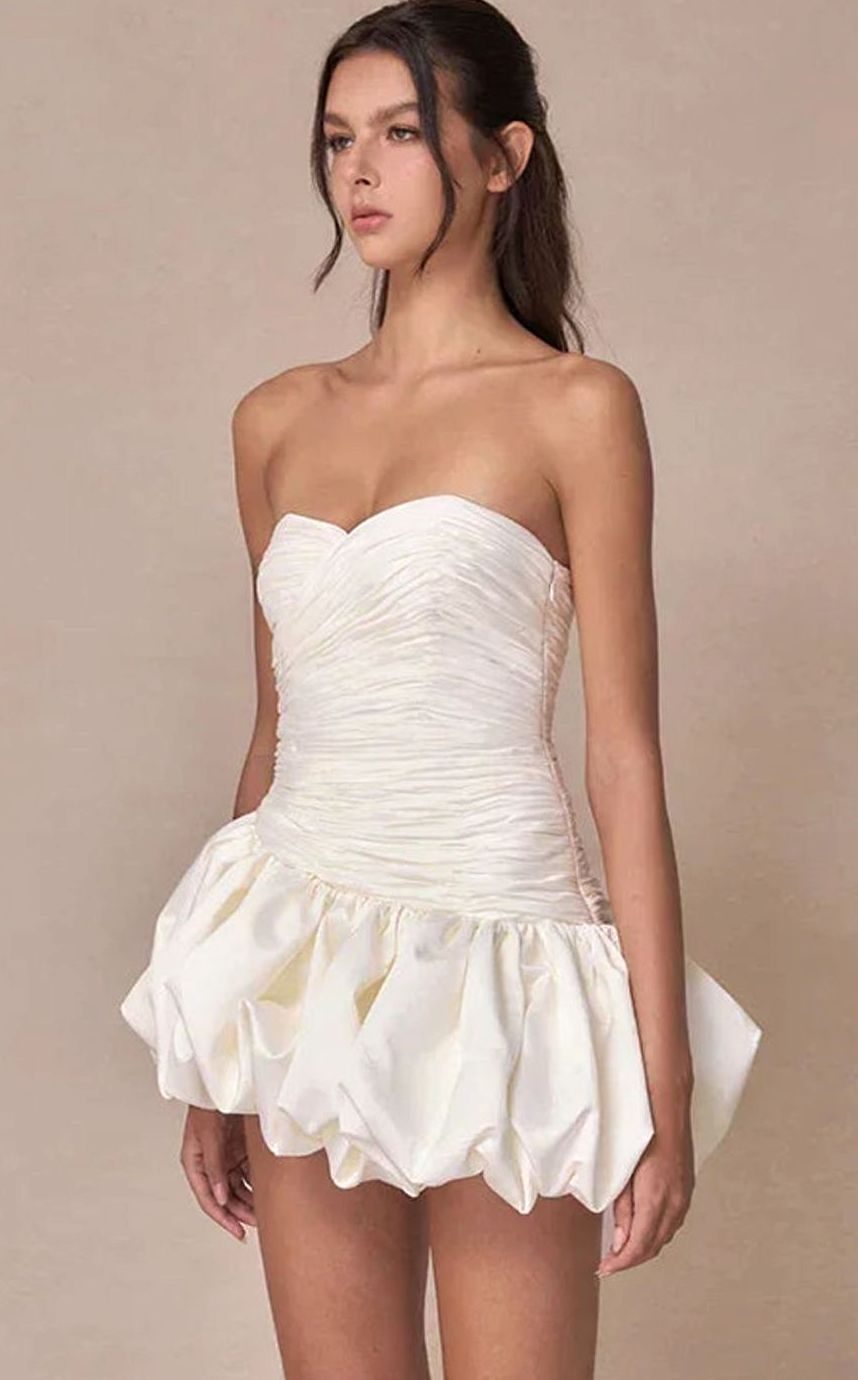 Women's Strapless Ruched Balloon-Hem Formal Mini Dress