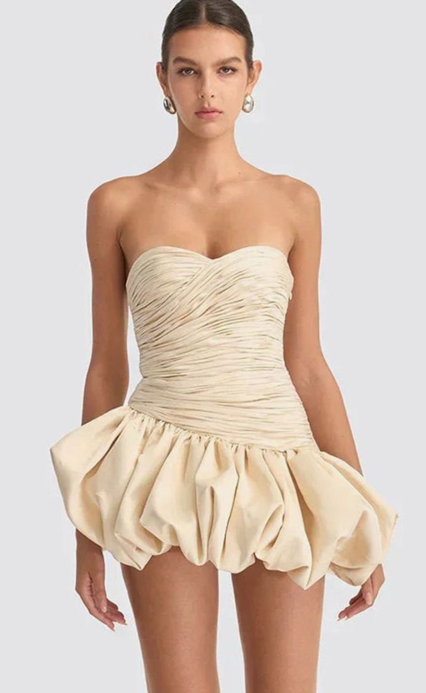 Women's Strapless Ruched Balloon-Hem Formal Mini Dress