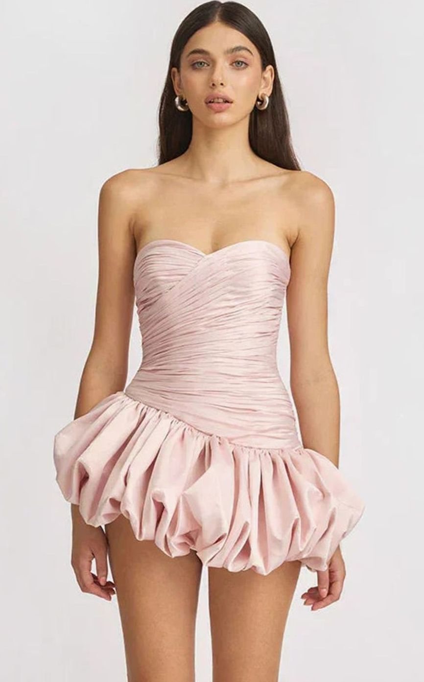 Women's Strapless Ruched Balloon-Hem Formal Mini Dress