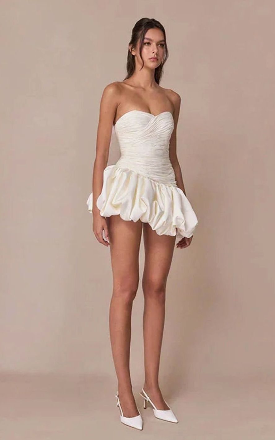Women's Strapless Ruched Balloon-Hem Formal Mini Dress - Cream