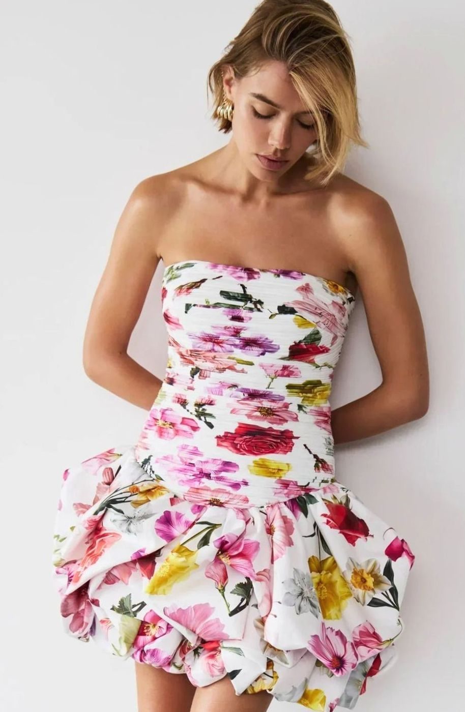 Women's Strapless Ruched Bubble-Hem Formal Mini Dress, White