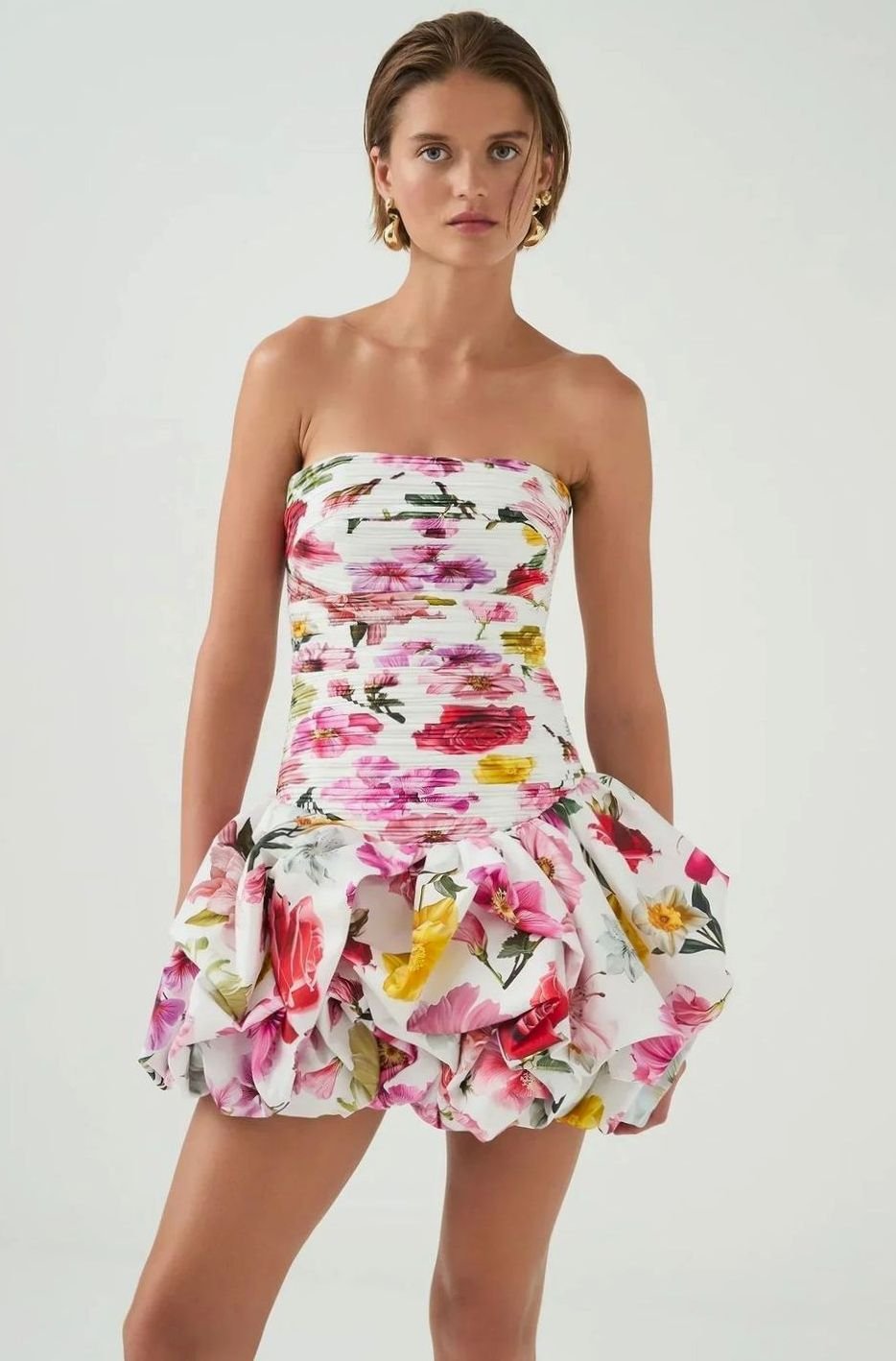 Women's Strapless Ruched Bubble-Hem Formal Mini Dress, White