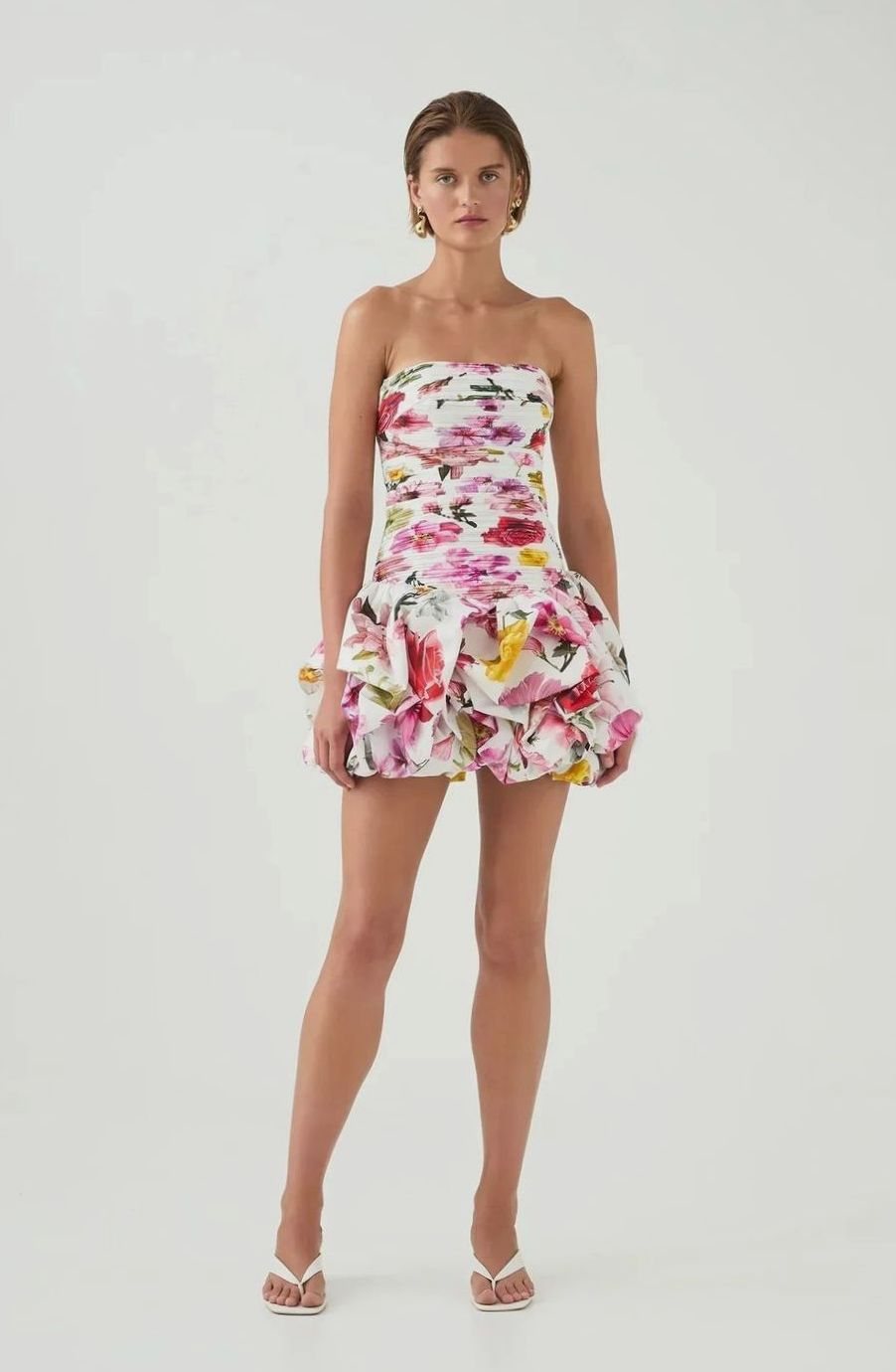 Women's Strapless Ruched Bubble-Hem Formal Mini Dress, White