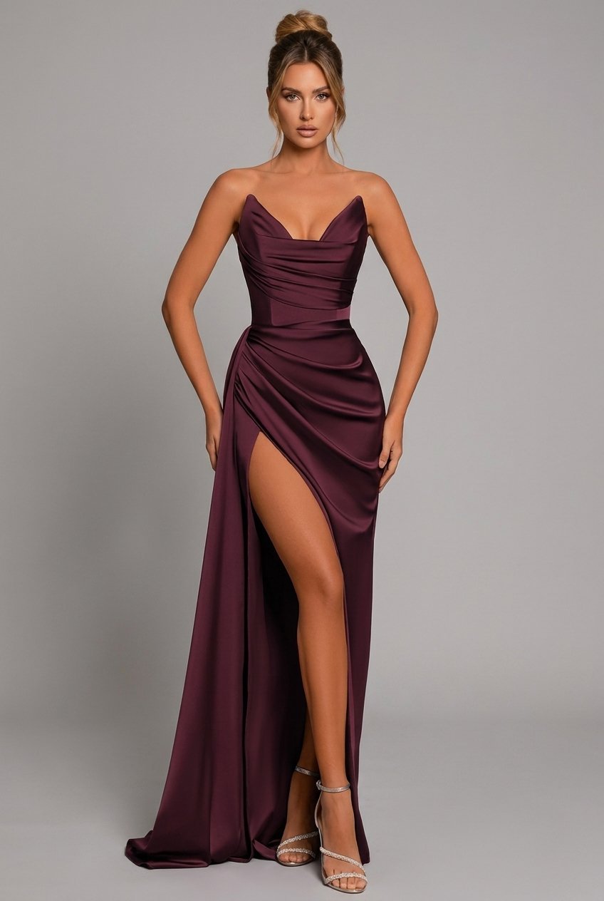 Women's Strapless Ruched Satin Maxi Formal Dress High Slit - Crimson Red