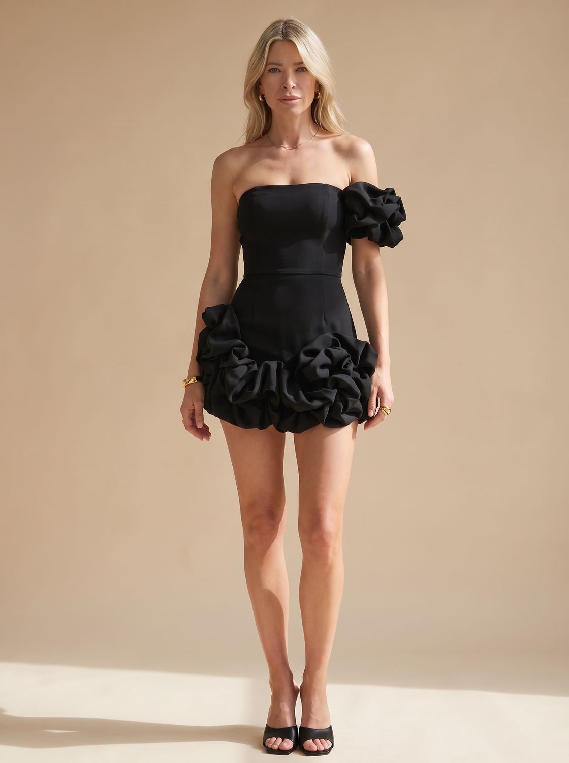 Women's Strapless Ruffle-Hem 3D Floral Mini Cocktail Dress - Black