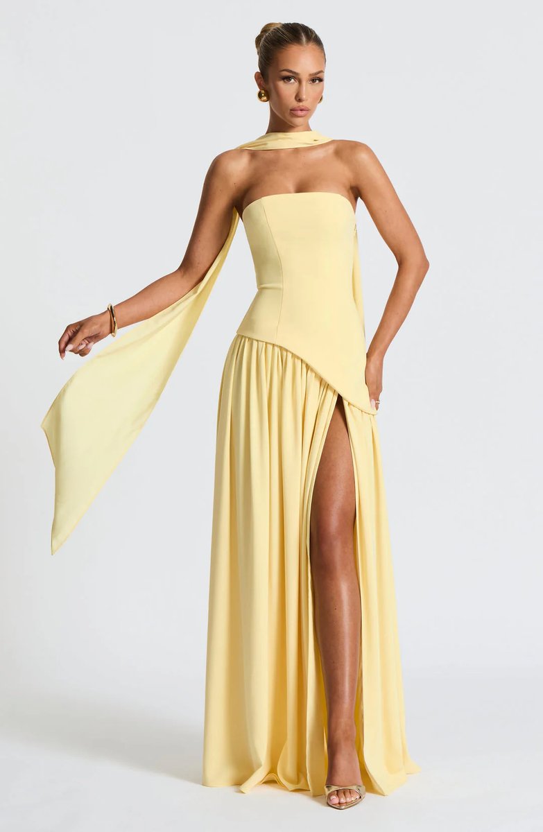 Women's Strapless Scarf-Neck Split Maxi Summer Dress Jumpsuit Style Gown - Yellow