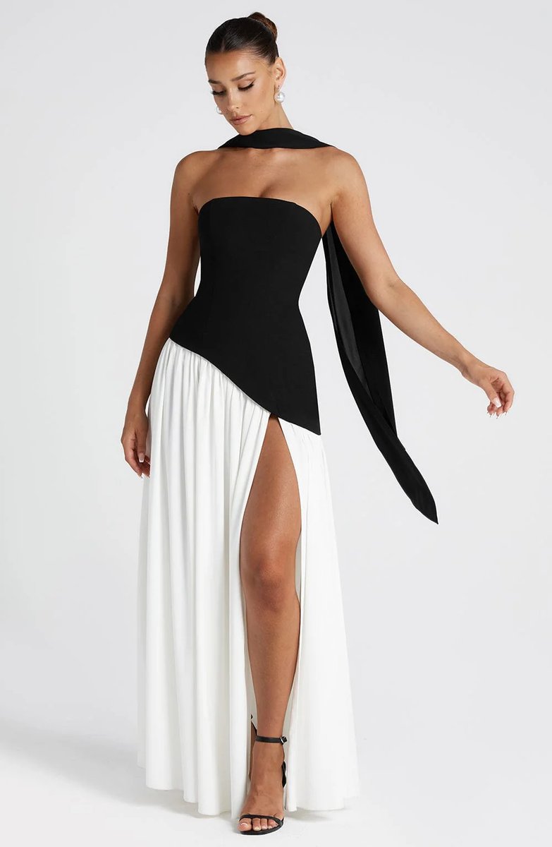 Women's Strapless Scarf-Neck Split Maxi Summer Dress Jumpsuit Style Gown - Black