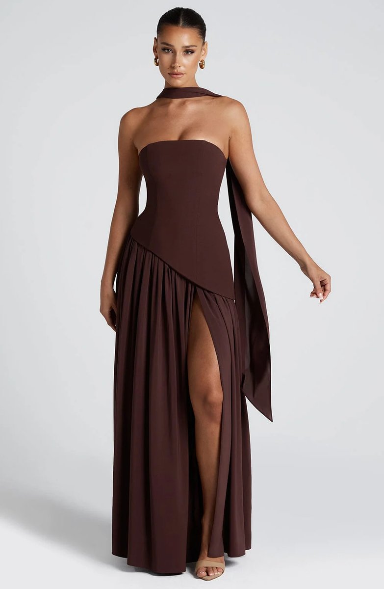 Women's Strapless Scarf-Neck Split Maxi Summer Dress Jumpsuit Style Gown - Brown