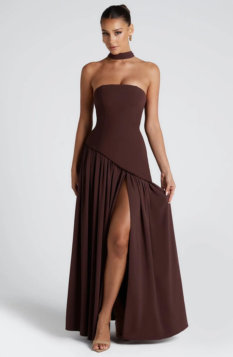 Women's Strapless Scarf-Neck Split Maxi Summer Dress Jumpsuit Style Gown