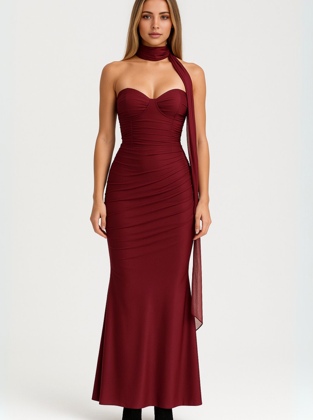 Women's Strapless Sweetheart Ruched Choker Summer Maxi Dress - Burgundy