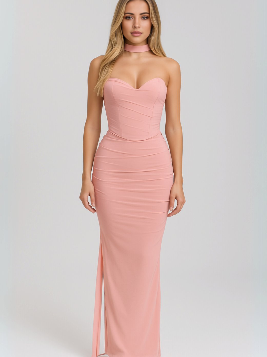 Women's Strapless Sweetheart Ruched Choker Summer Maxi Dress - Pink