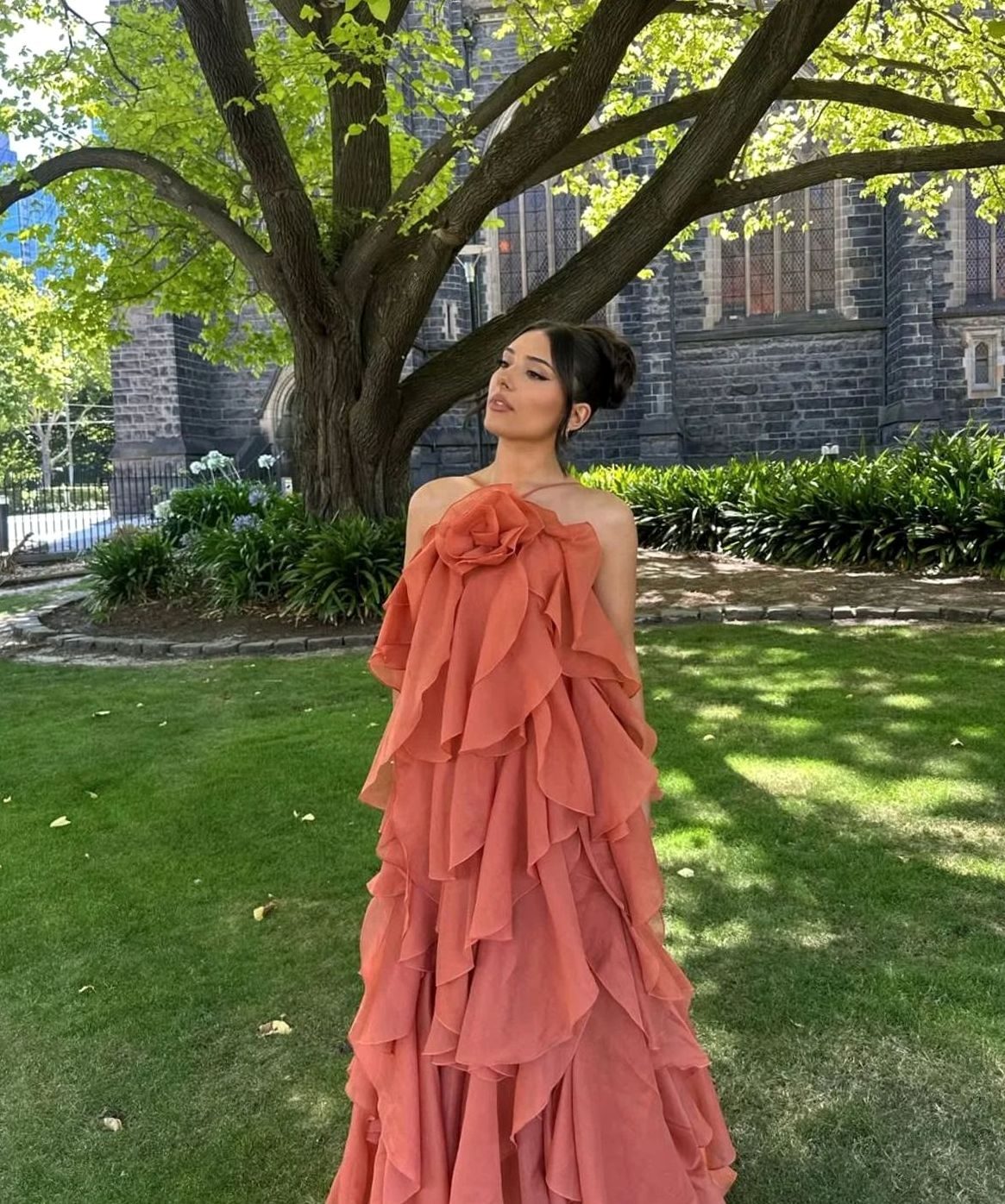 Women's Strapless Tiered Ruffle Formal Maxi Dress - Orange