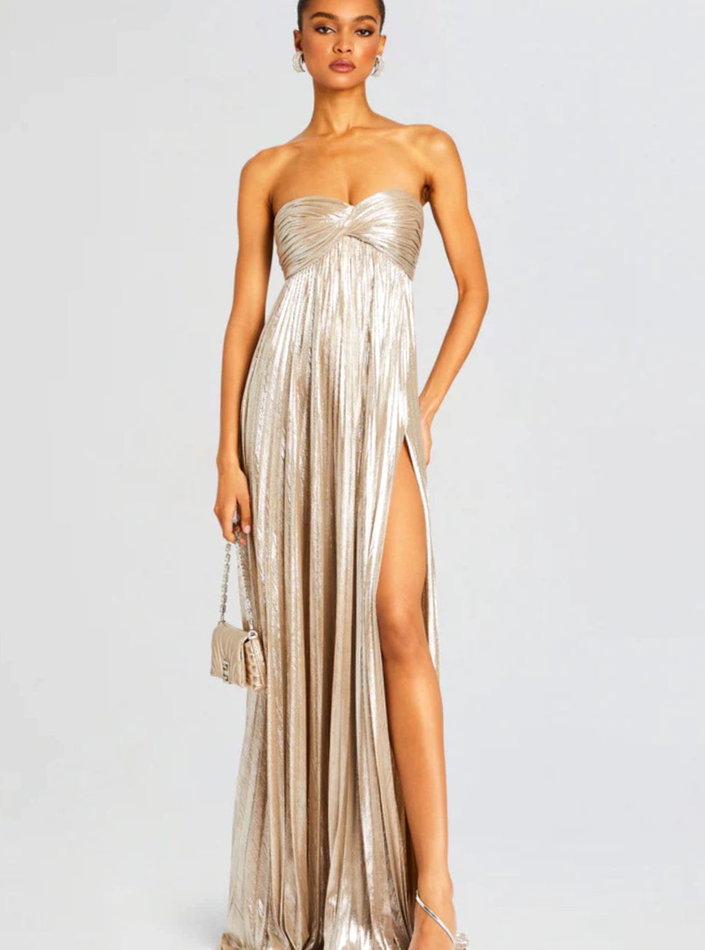 Women's Strapless Twisted-Bodice Pleated High-Slit Maxi Dress