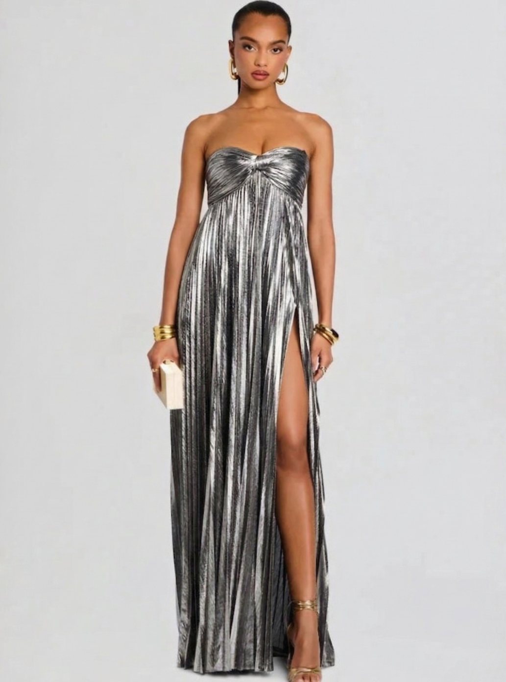 Women's Strapless Twisted-Bodice Pleated High-Slit Maxi Dress - Silver