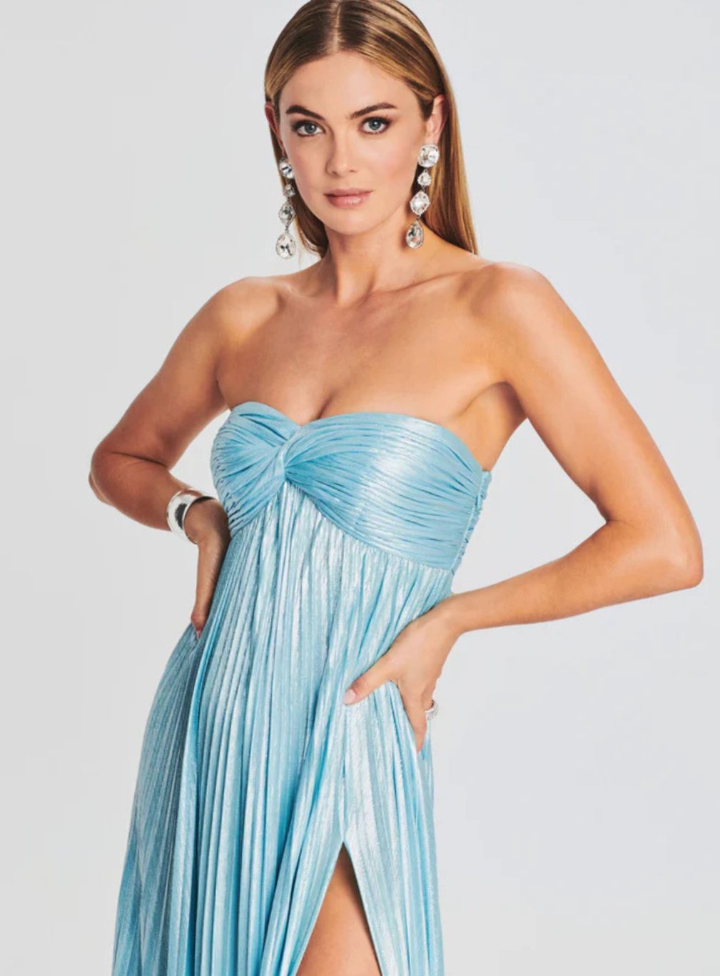 Women's Strapless Twisted-Bodice Pleated High-Slit Maxi Dress
