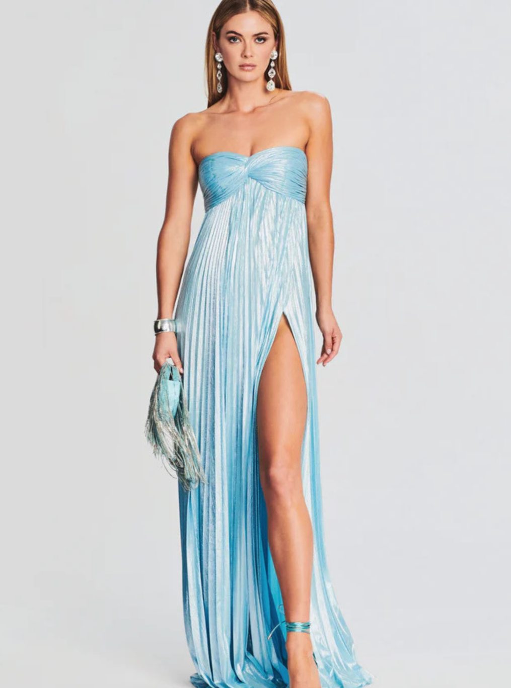Women's Strapless Twisted-Bodice Pleated High-Slit Maxi Dress