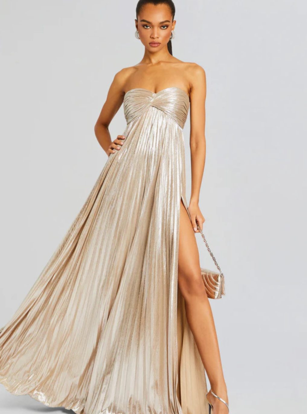 Women's Strapless Twisted-Bodice Pleated High-Slit Maxi Dress