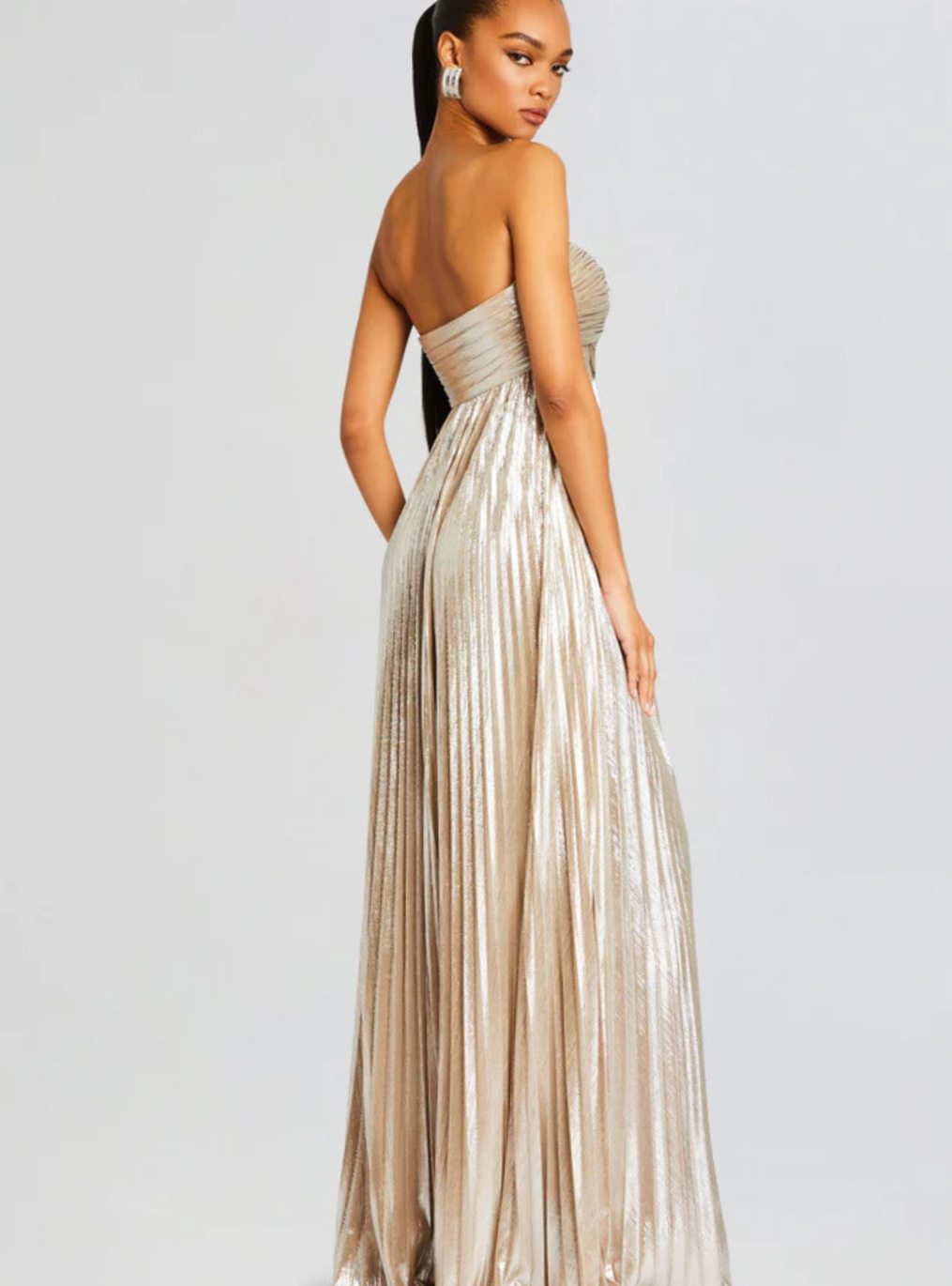 Women's Strapless Twisted-Bodice Pleated High-Slit Maxi Dress