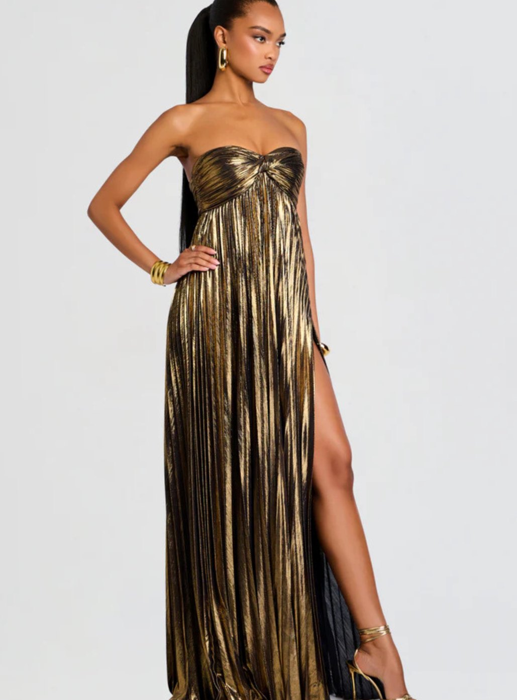 Women's Strapless Twisted-Bodice Pleated High-Slit Maxi Dress