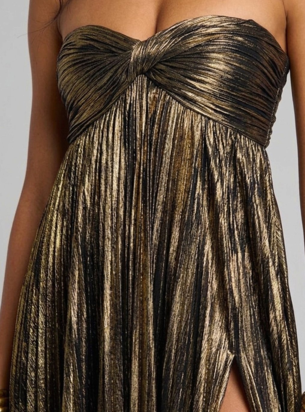 Women's Strapless Twisted-Bodice Pleated High-Slit Maxi Dress