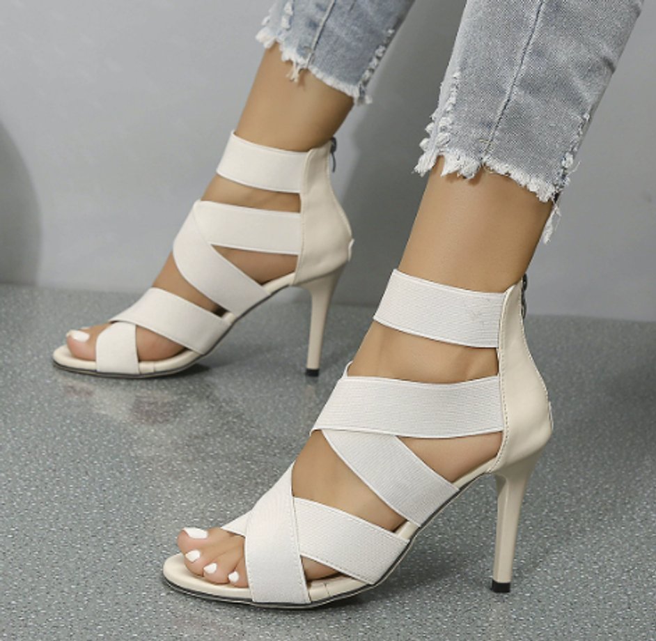 Women's Strappy Stiletto Comfort Sandals Open-Toe Elastic Ankle Heels - White