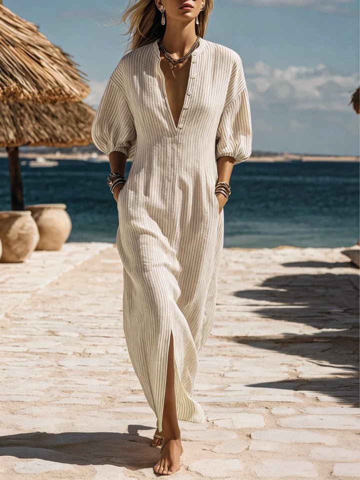 Women's Striped Button-Down Relaxed-Fit Midi Dress - White