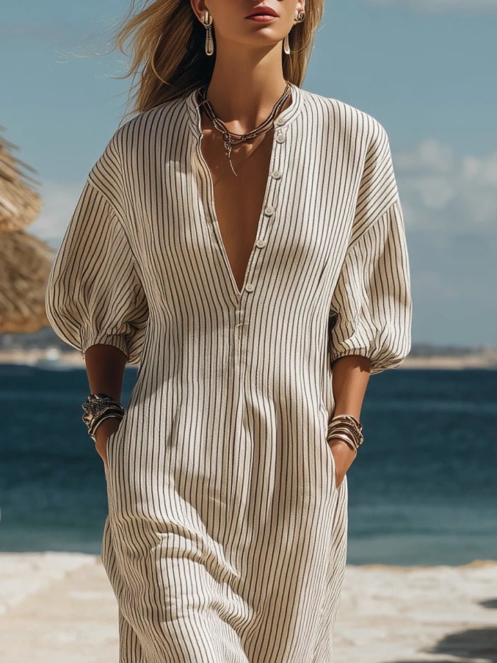 Women's Striped Button-Down Relaxed-Fit Midi Dress