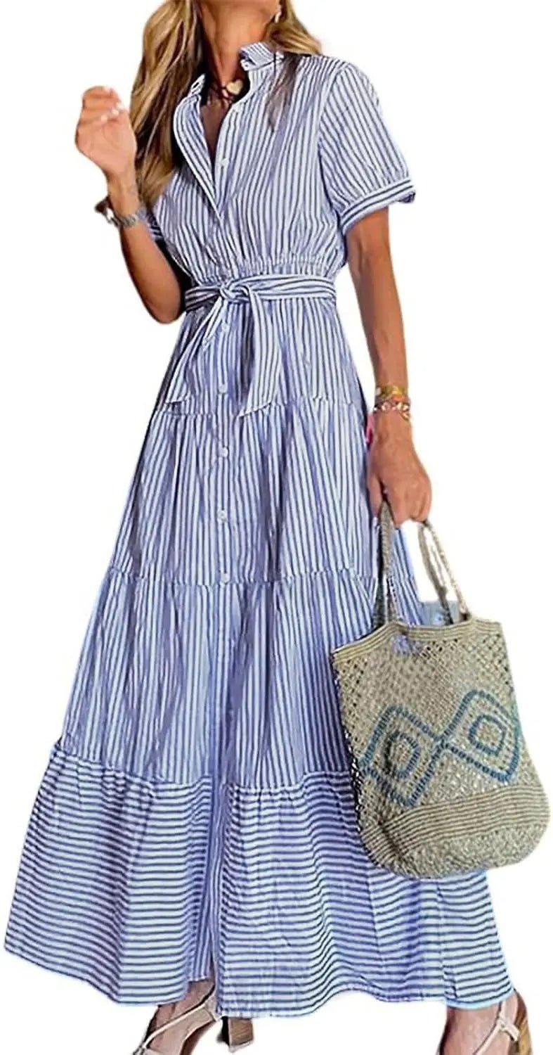 Women's Striped Button-Down Tiered Ruffle Maxi Shirt Dress - Blue