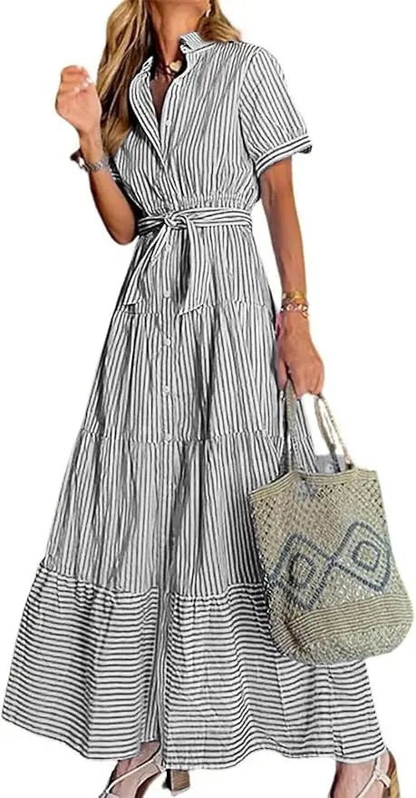 Women's Striped Button-Down Tiered Ruffle Maxi Shirt Dress - Black