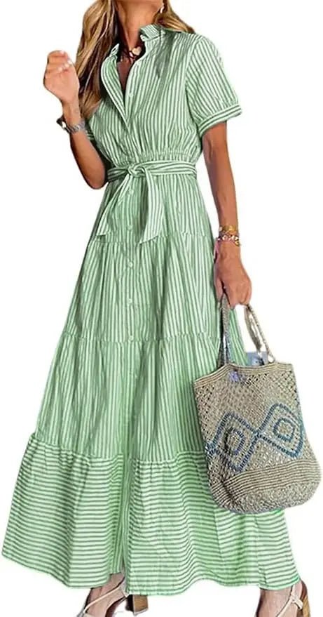 Women's Striped Button-Down Tiered Ruffle Maxi Shirt Dress - Green