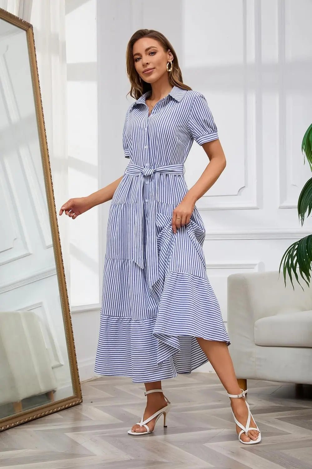 Women's Striped Button-Down Tiered Ruffle Maxi Shirt Dress